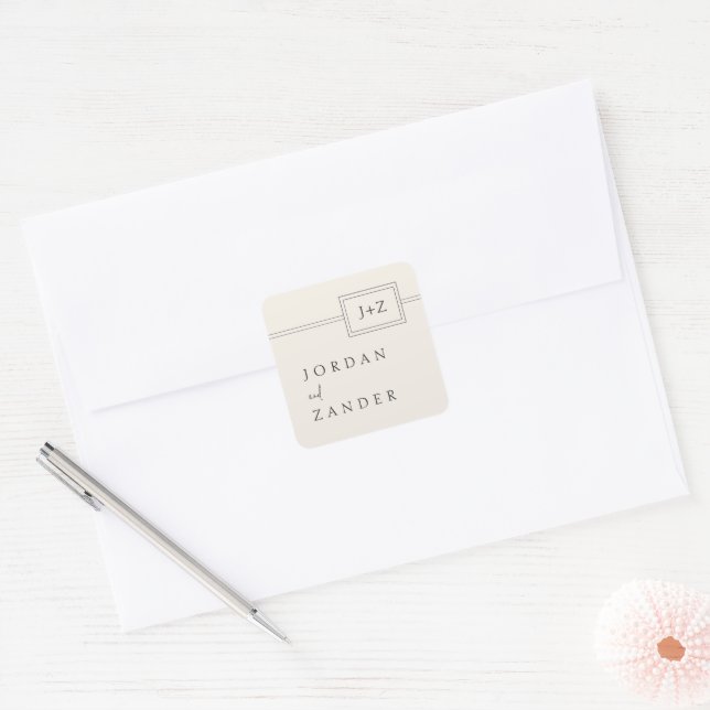 Moderne Minimalistische Monogramm-Hochzeit in Elfe Quadratischer Aufkleber (Umschlag)