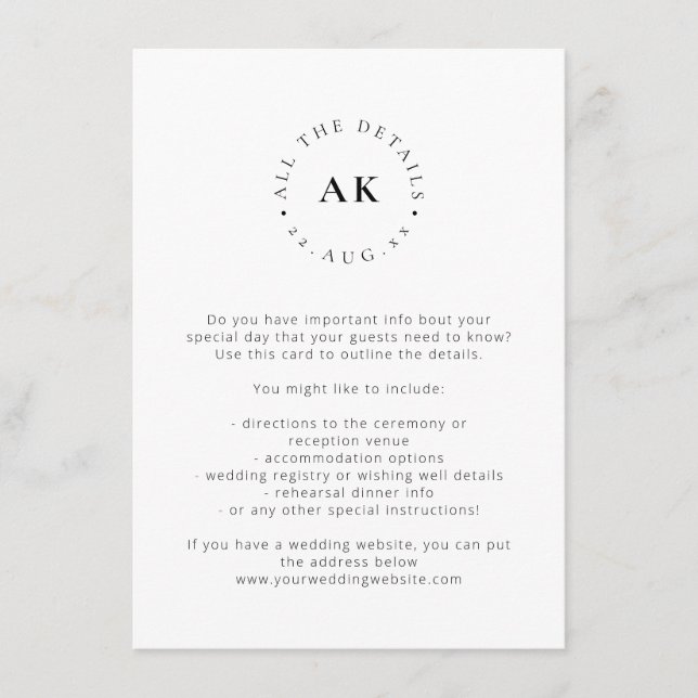 Moderne Minimalistische Monogramm-Hochzeitstile Begleitkarte (Vorderseite)