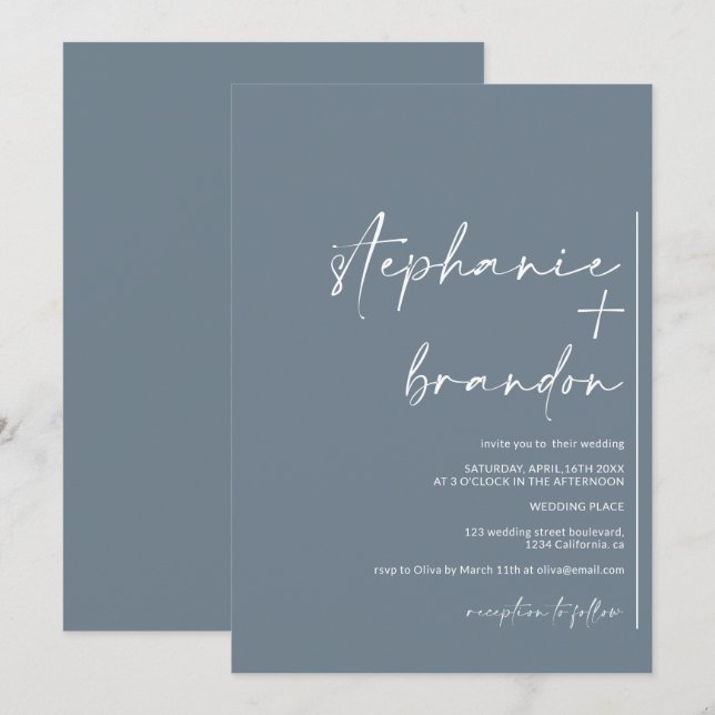 Moderne minimalistische Namen kalligraphische blau Einladung (Vorne/Hinten)