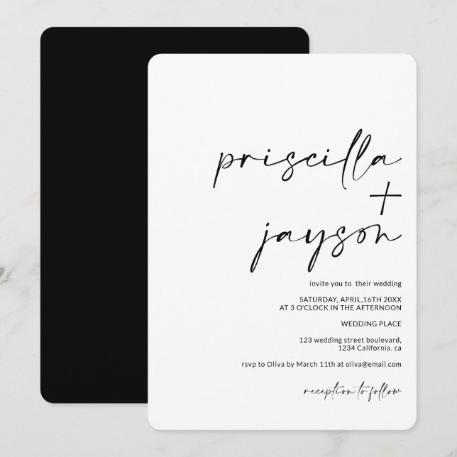 Moderne minimalistische Namen kalligraphische schw Einladung (Vorne/Hinten)