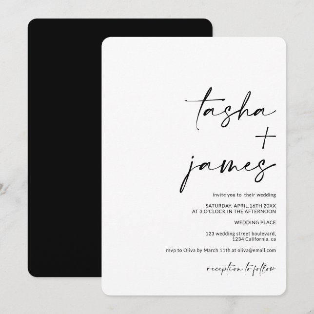 Moderne minimalistische Namen kalligraphische schw Einladung (Vorne/Hinten)