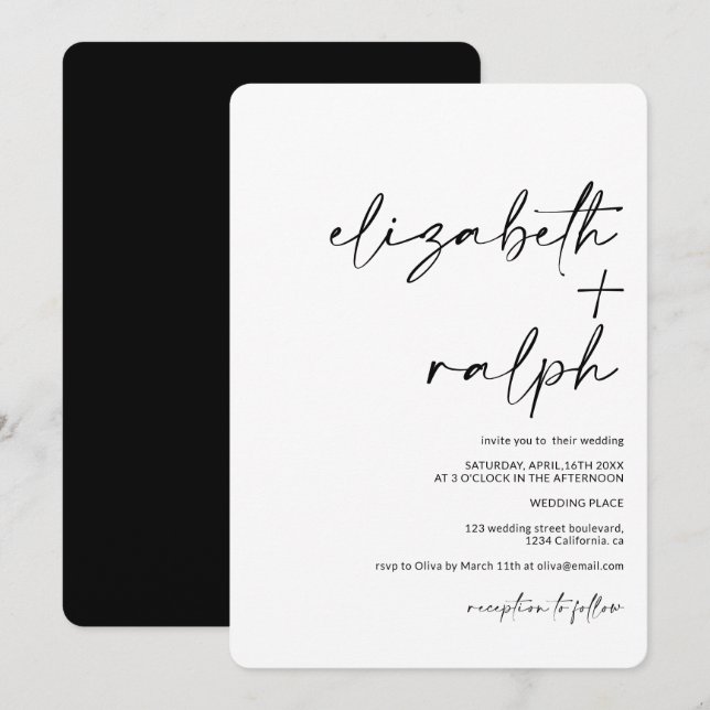 Moderne minimalistische Namen kalligraphische schw Einladung (Vorne/Hinten)