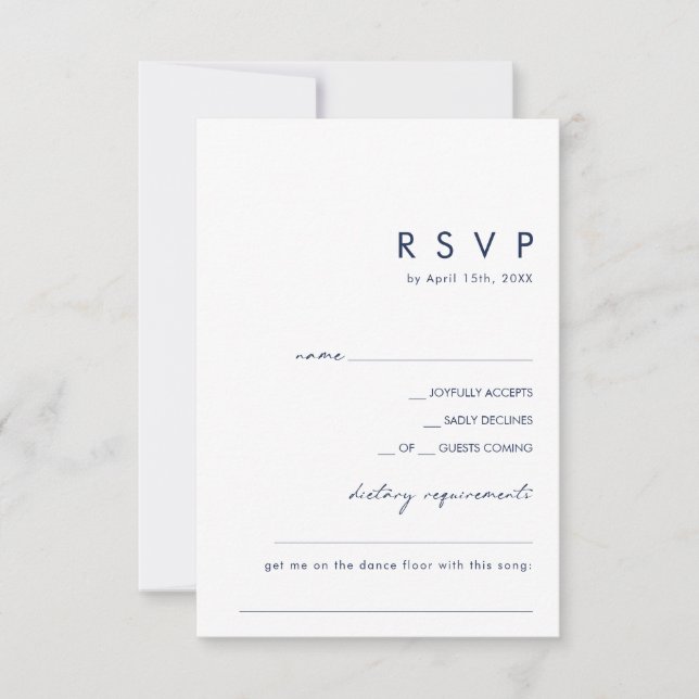 Moderne Minimalistische Navy Blue Diät/Song Reques RSVP Karte (Vorderseite)
