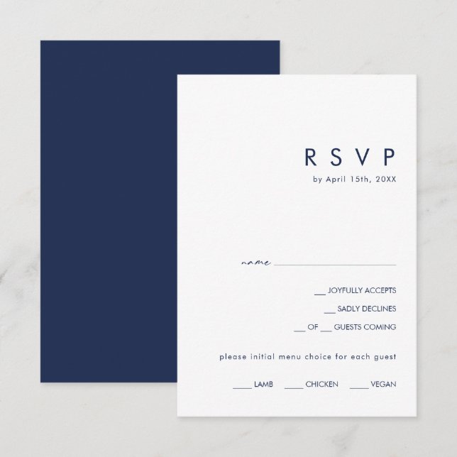 Moderne Minimalistische Navy Blue Menü RSVP Karte (Vorne/Hinten)