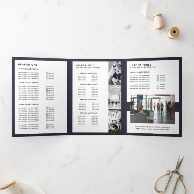 Moderne Minimalistische Navy & White Price Broschü Dreifach Gefaltete Karte (Innenseite)