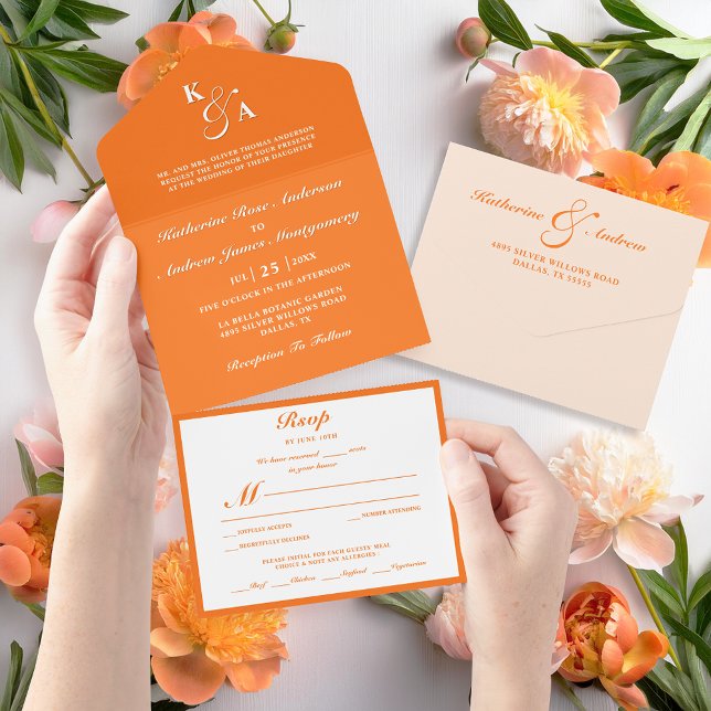 Moderne Minimalistische Orange Monogram Hochzeit All In One Einladung (Von Creator hochgeladen)