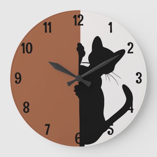 Moderne minimalistische Peeking Kitty Cat Große Wanduhr (Vorderseite)