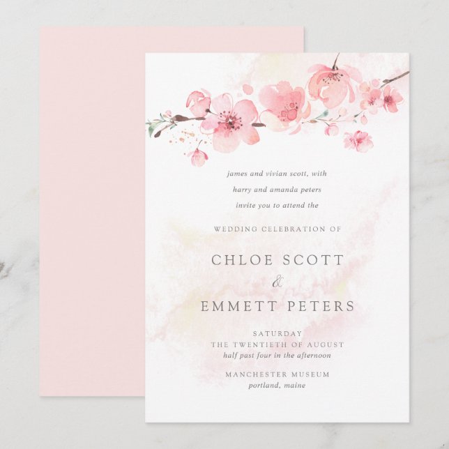 Moderne Minimalistische Pink Cherry Blossom Hochze Einladung (Vorne/Hinten)