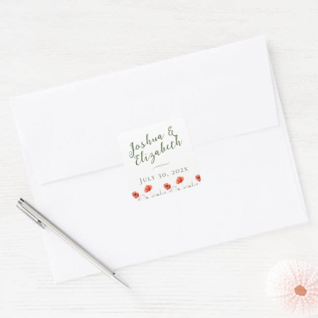 Moderne Minimalistische Poppies Hochzeit Quadratischer Aufkleber (Umschlag)
