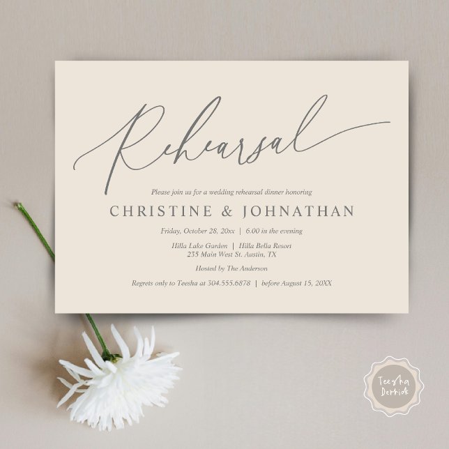 Moderne Minimalistische Probe, Hochzeit und Abende Einladung (Wedding Rehearsal Dinner Invitation Card, PDF, Modern Minimalist Handwriting, in Cream Grey)