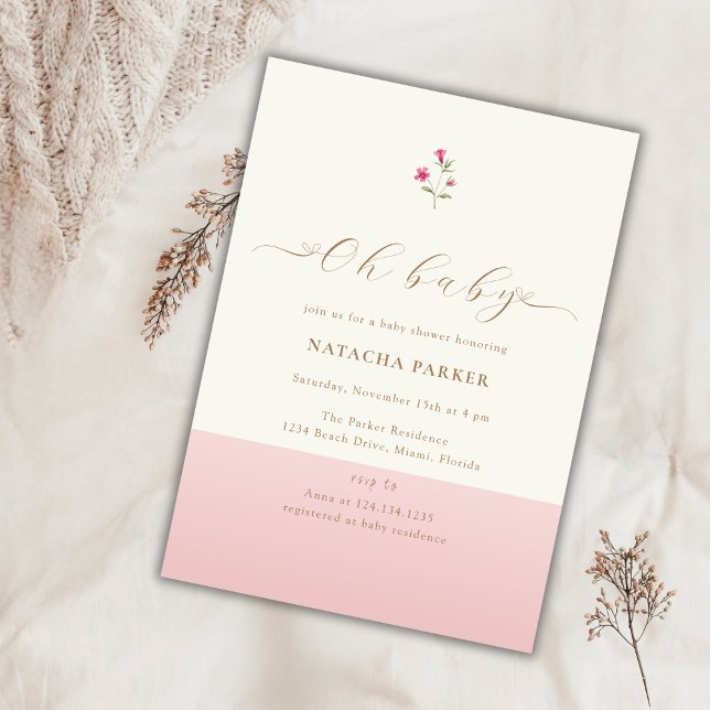 Moderne Minimalistische Rosa Wildblume Kinderdusch Einladung (Modern Minimalist Pink Wildflower Baby Shower Invitation)