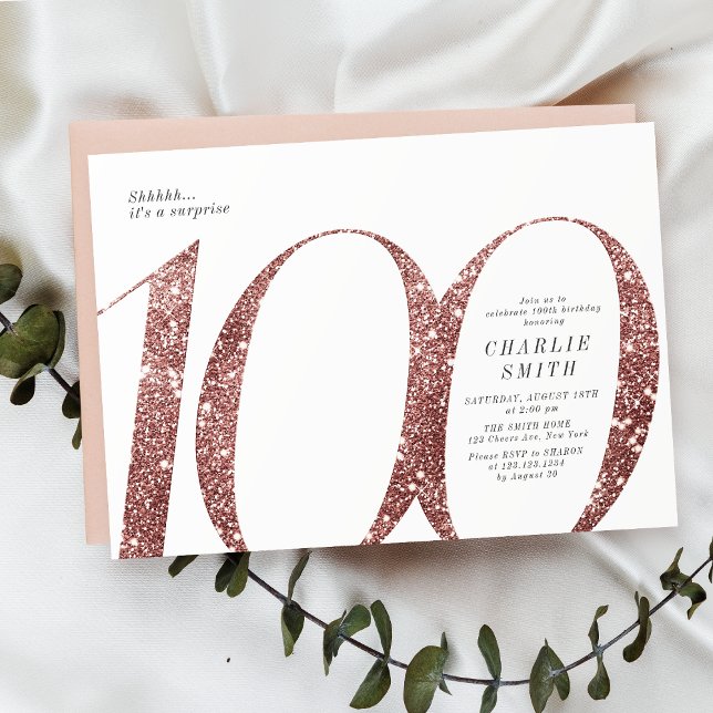 Moderne minimalistische Rose Gold Glitzer 100. Geb Einladung (Modern minimalist rose gold glitter 100th birthday invitation)