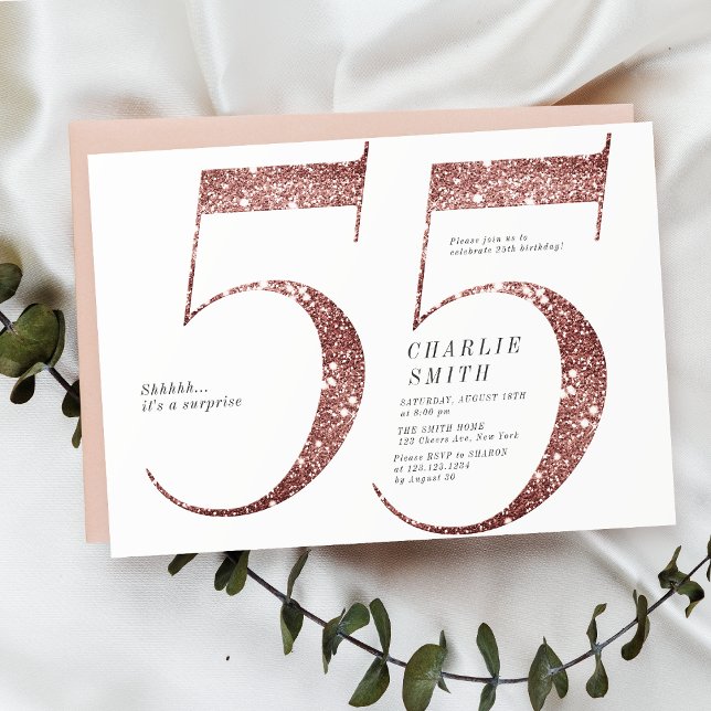 Moderne minimalistische Rose Gold Glitzer 55. Gebu Einladung (Modern minimalist rose gold glitter 55th birthday invitation)