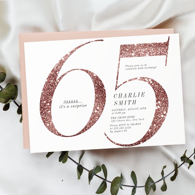 Moderne minimalistische Rose Gold Glitzer 65. Gebu Einladung (Modern minimalist rose gold glitter 65th birthday invitation)