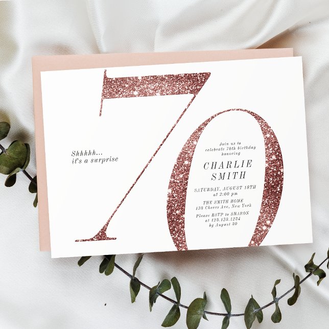 Moderne minimalistische Rose Gold Glitzer 70. Gebu Einladung (Modern minimalist rose gold glitter 70th birthday invitation)