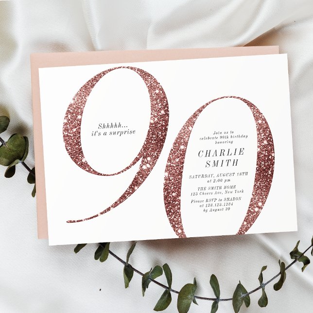 Moderne minimalistische Rose Gold Glitzer 90. Gebu Einladung (Modern minimalist rose gold glitter 90th birthday invitation)