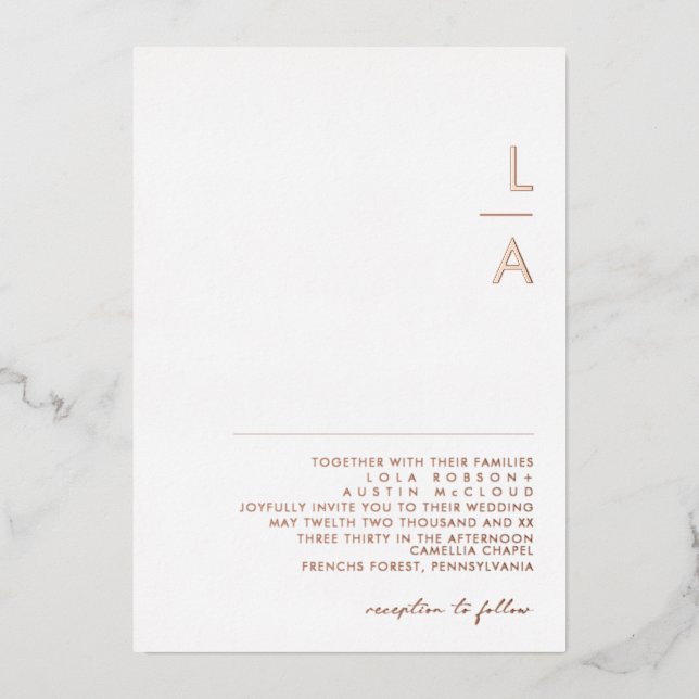 Moderne Minimalistische Rose Gold Monogram Wedding Folieneinladung (Vorderseite)