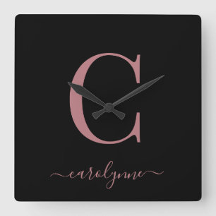 Moderne minimalistische Rosen-Gold-Monogramm-Schri Quadratische Wanduhr