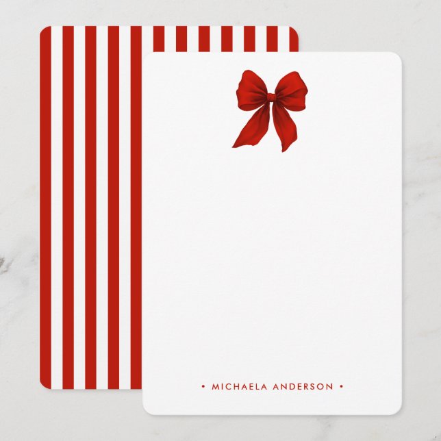 Moderne Minimalistische Rote Coquette Bow & Stripe Mitteilungskarte (Vorne/Hinten)