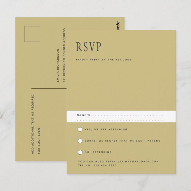 Moderne Minimalistische RSVP Pos für Hochzeiten Postkarte (Vorne/Hinten)