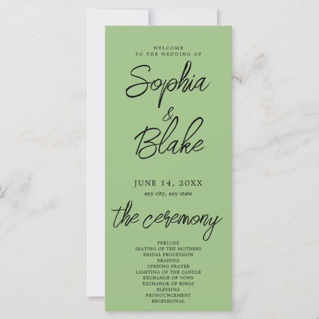 Moderne minimalistische Salbeigrüne Hochzeitsprogr (Vorderseite)