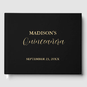Moderne Minimalistische Schwarz-Gold-Quinceñera Gästebuch