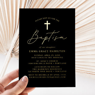 Moderne Minimalistische Schwarz-Gold-Script-Taufe Folieneinladung