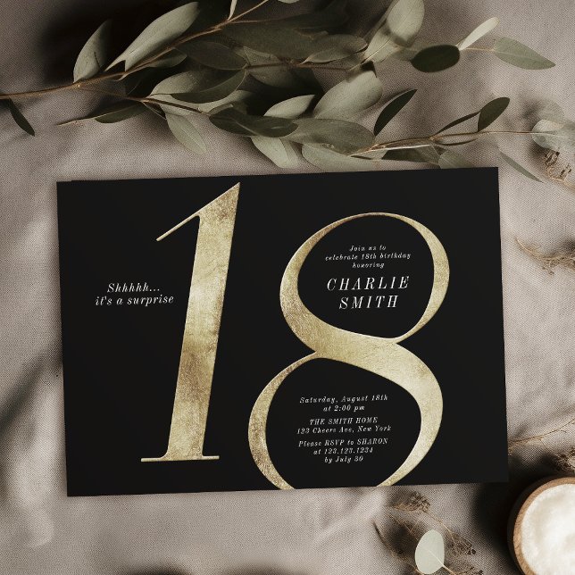 Moderne minimalistische Schwarz und Gold 18. Gebur Einladung (Modern minimalist black and gold 18th birthday invitation)