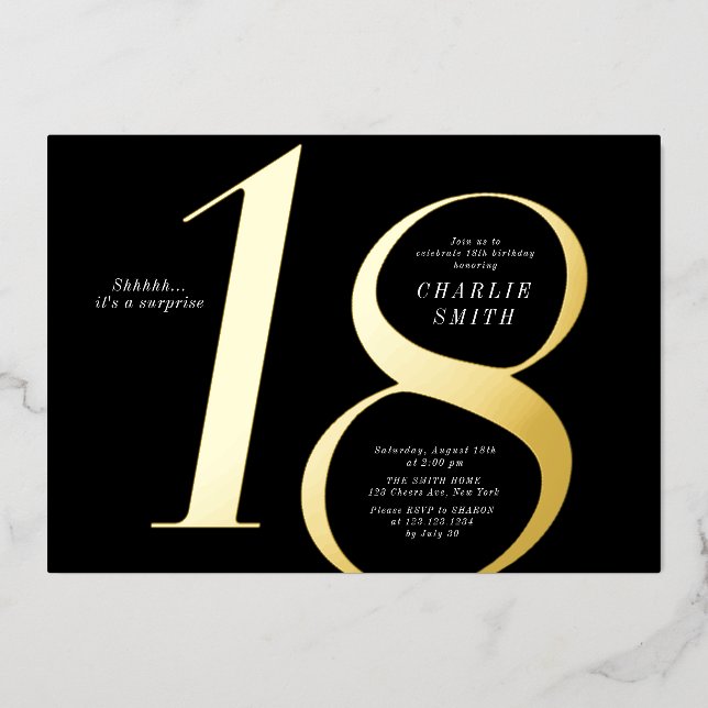 Moderne minimalistische Schwarz und Gold 18. Gebur Folieneinladung (Vorderseite)