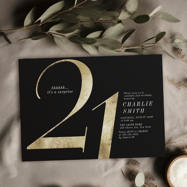Moderne minimalistische Schwarz und Gold 21. Gebur Einladung (Modern minimalist black and gold 21st birthday invitation)