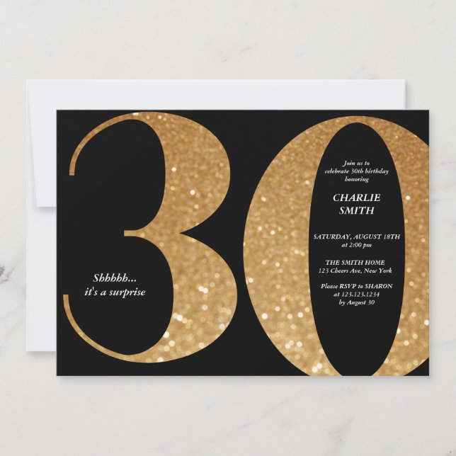 Moderne minimalistische Schwarz und Gold 30. Gebur Einladung (Vorderseite)