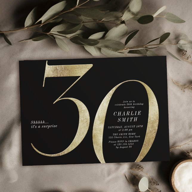 Moderne minimalistische Schwarz und Gold 30. Gebur Einladung (Modern minimalist black and gold 30th birthday invitation)