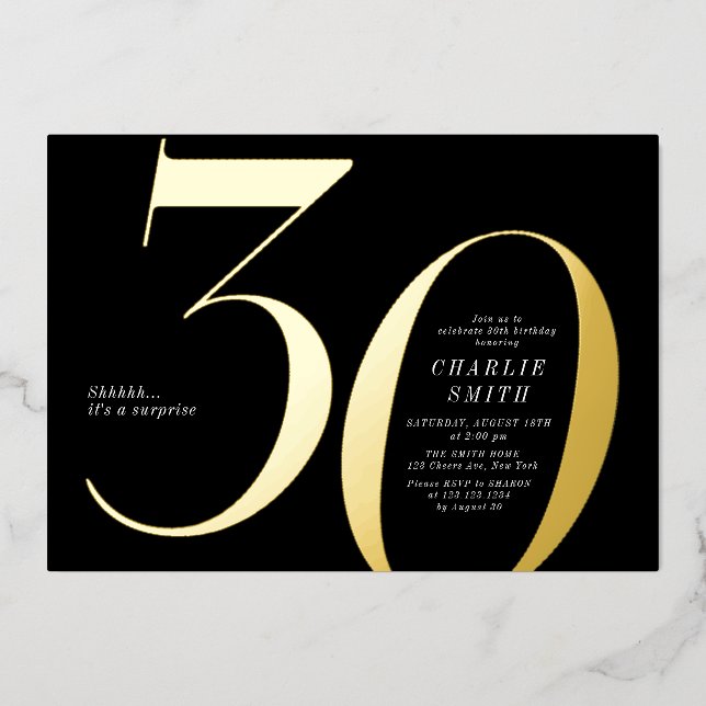 Moderne minimalistische Schwarz und Gold 30. Gebur Folieneinladung (Vorderseite)
