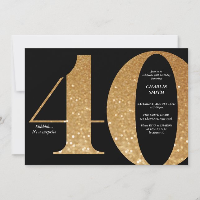 Moderne minimalistische Schwarz und Gold 40. Gebur Einladung (Vorderseite)
