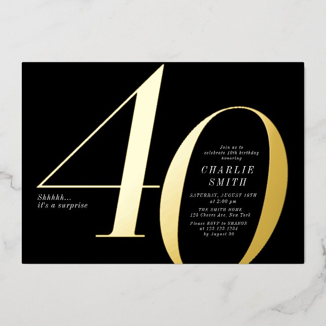 Moderne minimalistische Schwarz und Gold 40. Gebur Folieneinladung (Vorderseite)