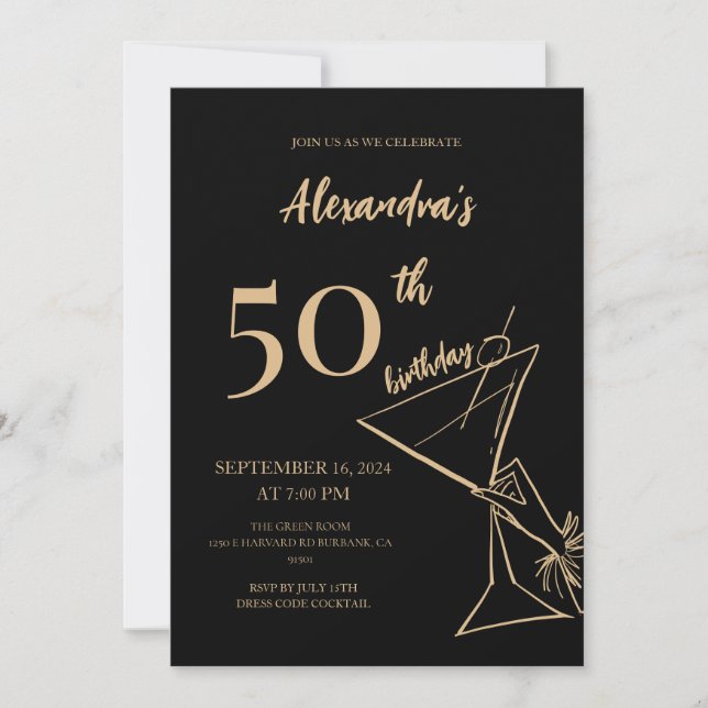 Moderne minimalistische Schwarz und Gold 50. Gebur Einladung (Vorderseite)