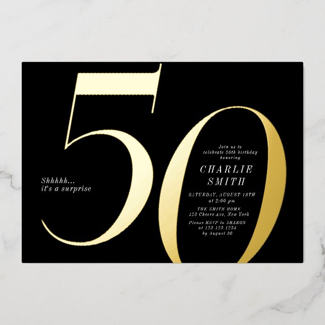 Moderne minimalistische Schwarz und Gold 50. Gebur Folieneinladung (Vorderseite)