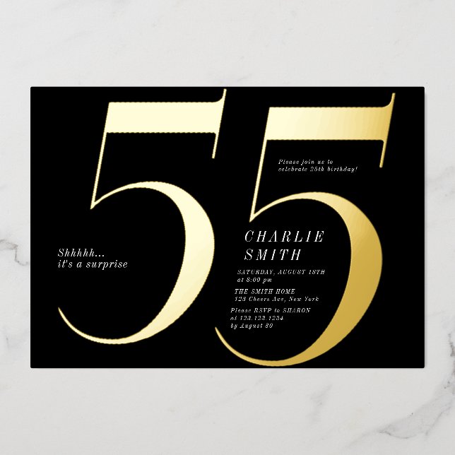 Moderne minimalistische Schwarz und Gold 55. Gebur Folieneinladung (Vorderseite)