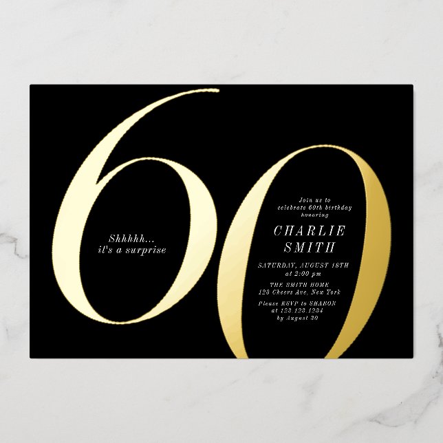Moderne minimalistische Schwarz und Gold 60. Gebur Folieneinladung (Vorderseite)