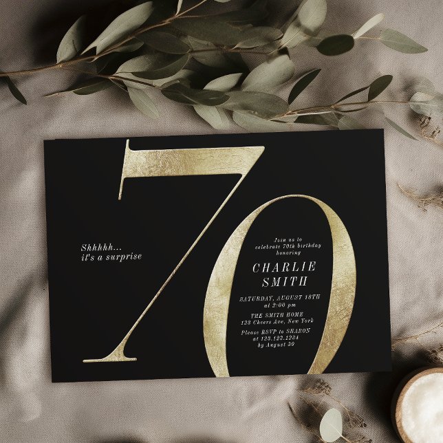 Moderne minimalistische Schwarz und Gold 70. Gebur Einladung (Modern minimalist black and gold 70th birthday invitation)