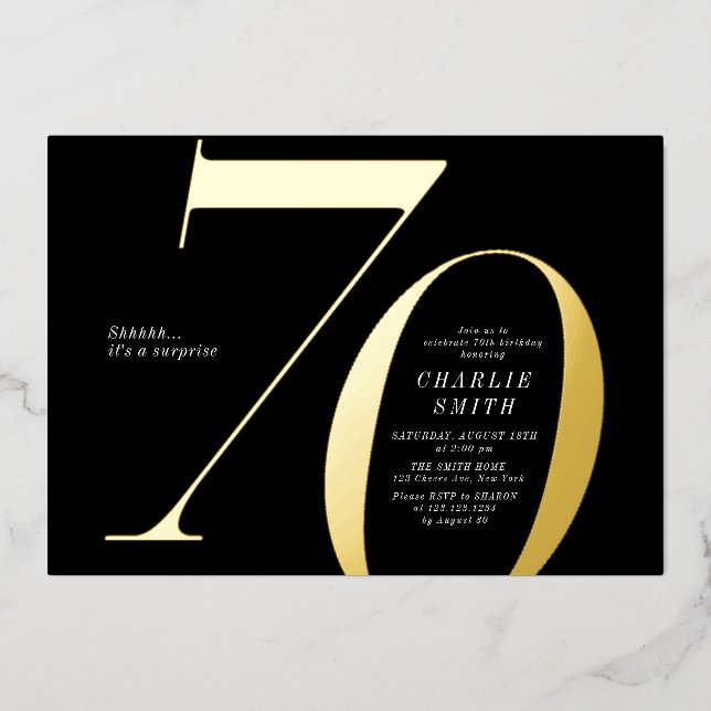 Moderne minimalistische Schwarz und Gold 70. Gebur Folieneinladung (Vorderseite)