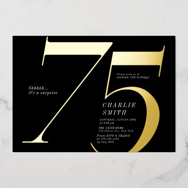 Moderne minimalistische Schwarz und Gold 75. Gebur Folieneinladung (Vorderseite)
