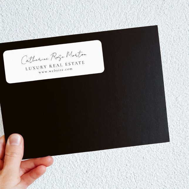 Moderne Minimalistische Schwarz-Weiß-Geschäftsadre (Elegant White Script Luxury Real Estate Address Label)