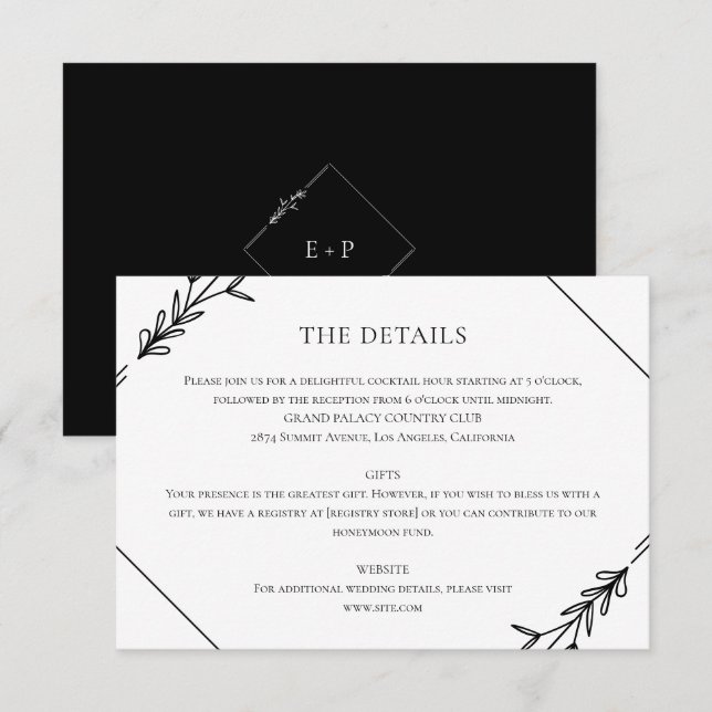 Moderne Minimalistische Schwarz-Weiß-Hochzeit Begleitkarte (Vorne/Hinten)