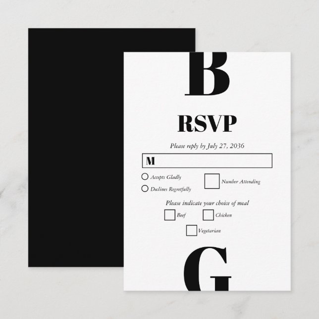 Moderne Minimalistische Schwarz-Weiß-Monogramm-Hoc RSVP Karte (Vorne/Hinten)