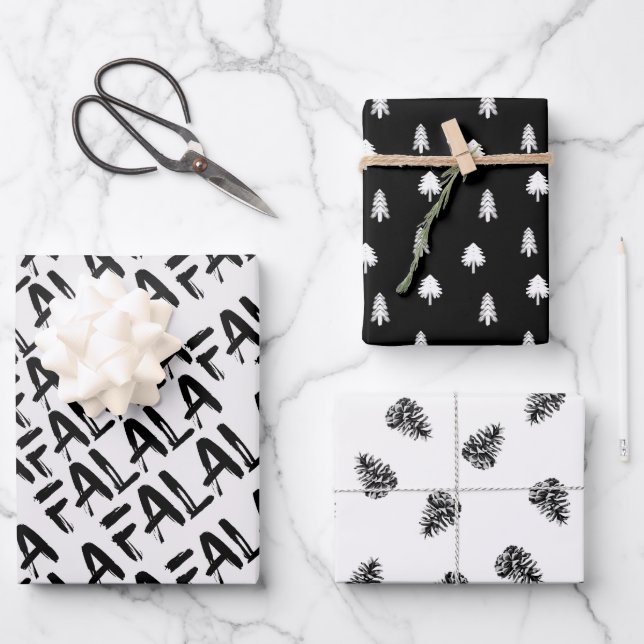 Moderne Minimalistische Schwarz-Weiß-Weihnachten Geschenkpapier Set (Vorderseite)