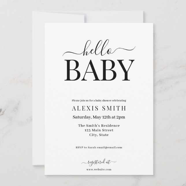 Moderne Minimalistische Schwarz-weiße Elegant-Baby Einladung (Vorderseite)