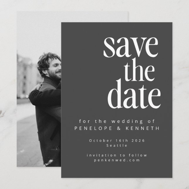 Moderne Minimalistische Schwarz-weiße Foto Hochzei Save The Date (Vorne/Hinten)
