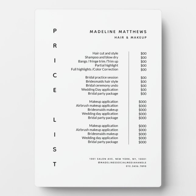 Moderne Minimalistische Schwarz-weiße Salonpreisli Fotoplatte (Vorderseite)