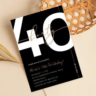 Moderne Minimalistische Schwarze & Goldene 40. Geb Einladung
